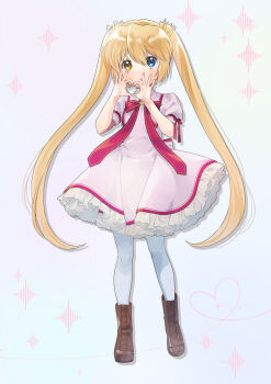 Rule 34 | 1girl, :o, absurdres, blonde hair, blue eyes, blush, boots, brown boots, dress, drop shadow, eyelashes, four-finger heart hands, frilled dress, frills, full body, gradient background, hair between eyes, hands up, heart, heart hands, heart of string, heterochromia, highres, kazamatsuri institute high school uniform, long hair, looking at viewer, may salamanya, nakatsu shizuru, no eyepatch, open mouth, pantyhose, pink dress, puffy short sleeves, puffy sleeves, red ribbon, rewrite, ribbon, ribbon-trimmed sleeves, ribbon trim, school uniform, short sleeves, simple background, solo, sparkle, standing, straight-on, straight hair, twintails, upturned eyes, very long hair, white pantyhose, yellow eyes