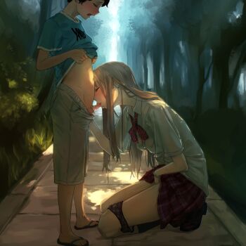 1boy 1girl age_difference assertive_female black_hair black_panties blonde_hair blush bracelet breasts closed_eyes commentary_request earrings fellatio female_masturbation flip-flops full_body hetero highres jewelry kneeling long_hair masturbation medium_breasts night onee-shota oral original outdoors pale_skin panties panties_around_leg penis plaid_clothes plaid_panties pleated_skirt revision saliva sandals school_uniform see-through_clothes short_hair shorts shota size_difference skirt small_penis socks standing teenage_girl_and_younger_boy testicles tree underwear yamada_(gotyui)