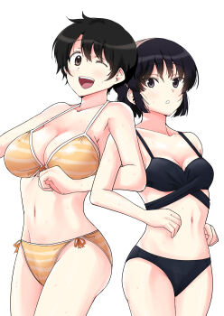 Rule 34 | 2girls, ;d, bikini, black bikini, black eyes, black hair, breasts, cleavage, collarbone, commentary request, cowboy shot, highres, kujou meika, large breasts, locked arms, looking at viewer, meika-san wa oshikorosenai, multiple girls, navel, oka miyako, one eye closed, open mouth, orange bikini, outside border, parted lips, saitou shouki, short hair, side-tie bikini bottom, simple background, small breasts, smile, standing, stomach, striped bikini, striped clothes, swimsuit, teeth, upper teeth only, wet, white background