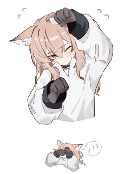 Rule 34 | 1girl, absurdres, animal ear fluff, animal ears, arm up, blush, brown hair, closed eyes, closed mouth, colored extremities, flying sweatdrops, hair between eyes, highres, long hair, long sleeves, multiple views, original, puffy long sleeves, puffy sleeves, riya (01214), shirt, simple background, sleeping, spoken zzz, white background, white shirt, zzz