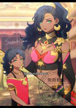 1girl age_progression blue_hair breasts circlet cleavage closed_mouth crescent crescent_earrings crop_top dancer dark-skinned_female dark_skin dfhnokenbutu earrings fire_emblem fire_emblem:_fortune&#039;s_weave gold_choker gold_earrings green_eyes harem_outfit high_ponytail highres jewelry leda_(fire_emblem) looking_at_viewer medium_breasts necklace nintendo parted_lips ponytail upper_body