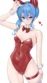 1girl absurdres alternate_costume animal_ear_hairband animal_ears arm_up bare_shoulders blue_eyes blue_hair bow bowtie breasts cleavage closed_mouth commentary covered_navel cowboy_shot detached_collar double-parted_bangs fake_animal_ears fur-trimmed_thighhighs fur_trim gluteal_fold hair_between_eyes hair_ribbon hairband heart highleg highleg_leotard highres hololive hoshimachi_suisei laimer leotard long_hair looking_at_viewer playboy_bunny rabbit_ear_hairband rabbit_ears red_bow red_bowtie red_hairband red_leotard red_thighhighs ribbon side_ponytail sidelocks simple_background small_breasts smile solo star_(symbol) star_in_eye strapless strapless_leotard symbol_in_eye thigh_strap thighhighs virtual_youtuber white_background wrist_cuffs