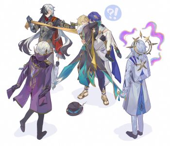 !? 5boys ancient_greek_clothes arm_behind_back armor arms_around_neck arms_up artist_name aventurine_(honkai:_star_rail) back baggy_pants bandana belt black_armor black_footwear black_gloves black_hair black_hat black_jacket black_shirt blonde_hair blue_cape blue_jacket boothill_(honkai:_star_rail) brown_belt brown_footwear cape carrying clenched_hand closed_eyes closed_mouth clothing_cutout coat collared_shirt covered_mouth cyborg dark-skinned_male dark_skin dr._ratio_(honkai:_star_rail) faceless faceless_male feathered_wings fingerless_gloves fork full_body fur-trimmed_jacket fur_trim gem gloves gold_trim greco-roman_clothes grey_hair gun hair_between_eyes hair_ornament half-closed_eyes halo halo_behind_head hand_up handgun hands_up hat hat_feather hat_ornament head_wings highres holding holding_fork holding_gun holding_weapon honkai:_star_rail honkai_(series) jacket leaf_hair_ornament long_hair looking_at_another magic male_focus mechanical_arms mechanical_hands medium_hair multicolored_hair multiple_boys pants pink_eyes princess_carry purple_gemstone purple_hair purple_jacket purple_pants red_bandana red_cape sandals shadow sheriff_badge shirt shoes short_hair simple_background single_bare_shoulder single_glove sleeveless sleeveless_coat smile standing star_(symbol) sugilite_(honkai:_star_rail) sunday_(honkai:_star_rail) sunday_(sacerdos&#039;_relived_ordeal)_(honkai:_star_rail) sweatdrop tassel two-sided_fabric two-sided_jacket two-tone_hair unworn_hat unworn_headwear v-shaped_eyebrows weapon white_background white_coat white_gloves white_hair white_jacket white_pants wings yaoyaobae