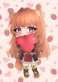 Rule 34 | 1girl, :3, :d, animal ear fluff, animal ears, armor, armored boots, belt, black dress, blunt bangs, blunt ends, blush, boots, brown belt, brown boots, brown gloves, brown hair, chibi, commentary, dress, elbow gloves, eyelashes, food, fruit, full body, gloves, hair intakes, heart, highres, holding, holding heart, leather armor, long hair, metal hair tubes, metal wrist cuffs, open mouth, pink background, pink eyes, raccoon ears, raccoon girl, raccoon tail, raphtalia, red dress, rosumini, short dress, smile, solo, standing, strawberry, symbol-only commentary, tail, tate no yuusha no nariagari, thigh boots, tongue, two-tone dress, white dress