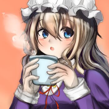 Rule 34 | 1girl, :o, blonde hair, blue eyes, blush, collared dress, commentary, contrast collar, cup, dress, drinking glass, hair between eyes, highres, holding, holding cup, long hair, long sleeves, maribel hearn, neck ribbon, open mouth, orange background, purple dress, red ribbon, ribbon, sleeve cuffs, solo, touhou, uwazumi