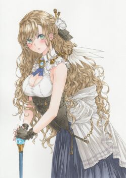 1girl blue_skirt blush breasts brown_hair cleavage clothing_request collared_shirt commentary_request corset cowboy_shot earrings fingernails flower fluffy_hair frilled_shirt_collar frills from_side gloves green_eyes hair_between_eyes hair_flower hair_ornament highres jewelry large_breasts leaning_forward long_bangs long_hair looking_at_viewer marker_(medium) meeya original parted_lips pleated_skirt shirt simple_background skirt sleeveless sleeveless_shirt solo staff standing traditional_media very_long_hair wavy_hair white_background white_flower white_shirt wing_collar