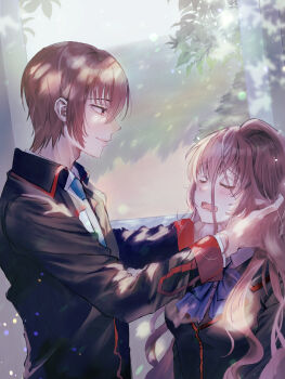 Rule 34 | 1boy, 1girl, a-chan (little busters!), absurdres, black jacket, blue bow, blue bowtie, blue necktie, blush, bow, bowtie, breasts, brown eyes, brown hair, closed eyes, closed mouth, collared shirt, commentary request, dappled sunlight, day, eyelashes, facing another, from side, furrowed brow, hair between eyes, hand in another's hair, hands up, hetero, highres, holding another's hair, indoors, jacket, large breasts, little busters!, long hair, long hair between eyes, long sleeves, looking at another, messy hair, miiizuno lbs, natsume kyousuke, necktie, open mouth, shirt, short hair, smile, sunlight, tsurime, upper body, very long hair, wavy mouth, white shirt, window