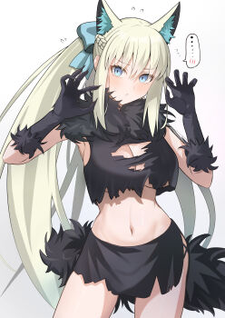 1girl absurdres animal_ears blue_eyes blush bow breasts cleavage fate/grand_order fate_(series) fur_collar grey_hair hair_bow highres large_breasts long_hair looking_at_viewer morgan_le_fay_(fate) navel ponytail sidelocks solo tail very_long_hair wolf_ears wolf_tail yuzu_sanma