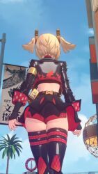 1girl 3d animated ass ass_focus audible_music blonde_hair bouncing_ass burnice_white cropped_jacket fingerless_gloves from_behind from_below gloves hair_ornament highres huge_ass jacket jiggle long_hair miniskirt short_shorts shorts shorts_under_skirt skirt solo sound tagme thighhighs twintails video walking zenless_zone_zero