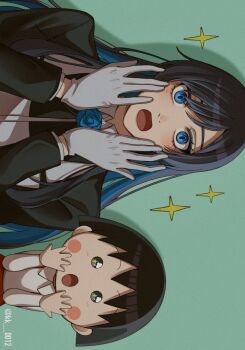 2girls ado_(utaite) black_hair blue_eyes blue_hair blush chando_(ado) chibi_maruko-chan colored_inner_hair commentary_request gloves hands_up highres keeko_(kk_0012) long_hair long_sleeves looking_at_viewer mole mole_under_eye multicolored_hair multiple_girls open_mouth sakura_momoko shirt short_hair sideways sparkle utaite white_gloves white_shirt