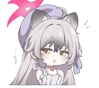 :o animal_ears bell blue_archive blush dress earrings eyeliner grey_dress grey_hair halo hat highres jewelry long_hair looking_at_viewer makeup michiru_(blue_archive) michiru_(dress)_(blue_archive) neck_bell o_otomaru red_halo ribbon simple_background single_earring white_background