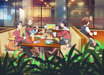 4boys :d bad_id bad_pixiv_id basket black_hair black_pants blurry brendan_(pokemon) brown_hair buizel commentary_request cyndaquil ethan_(pokemon) food from_side gen_2_pokemon gen_4_pokemon glass hat holding hood hood_down jacket lass_(pokemon) lass_(pokemon_hgss) long_sleeves lucas_(pokemon) male_focus marill multiple_boys nintendo on_lap open_mouth pants plate pokemon pokemon_(creature) pokemon_dppt pokemon_hgss pokemon_on_lap pokemon_oras red_shirt reflection sandwich shirt shoes short_hair short_sleeves sitting smile teeth tongue unworn_hat unworn_headwear upper_teeth_only vest white_shirt window xichii zipper_pull_tab