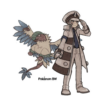 absurdres archeops armband blue_armband blue_feathers blue_necktie claws coat dinosaur emmet_(pokemon) feathers fluffy gen_5_pokemon gloves hat highres ichi_kawa_ichi large_buttons long_sideburns necktie nintendo pants peaked_cap pokemon pokemon_bw sideburns smile striped_coat talons trench_coat white_coat white_gloves white_hat white_pants