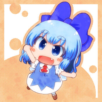 1girl ascot blue_bow blue_dress blue_eyes blue_hair blush bow brown_shoes chibi chibi_only cirno collared_shirt commentary_request detached_wings dress fang full_body hair_bow ice ice_wings matty_(zuwzi) open_mouth pinafore_dress puffy_short_sleeves puffy_sleeves red_ascot shirt shoes short_sleeves sleeveless sleeveless_dress smile socks solo touhou white_shirt white_socks wings
