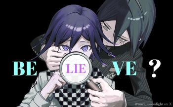 Rule 34 | 2boys, ahoge, black background, black hair, brown eyes, buttons, checkered clothes, checkered scarf, covered mouth, danganronpa (series), danganronpa v3: killing harmony, english text, expressionless, eyelashes, flipped hair, hair between eyes, hand on another's face, highres, holding, holding magnifying glass, jacket, long sleeves, looking at viewer, lower eyelashes only, magnifying glass, male focus, multiple boys, oma kokichi, pinstripe jacket, pinstripe pattern, purple eyes, purple hair, ringed eyes, saihara shuichi, scarf, short hair, striped clothes, striped jacket, sukizukiko, two-tone scarf, upper body