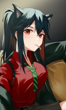1girl absurdres animal_ear_piercing animal_ears arknights black_hair black_jacket bolo_tie breasts cigarette cleavage collared_shirt commentary hair_between_eyes highres jacket light_particles long_sleeves looking_at_viewer medium_breasts medium_hair nekomatamago official_alternate_costume open_collar orange_eyes red_shirt shirt sidelocks solo texas_(arknights) texas_(willpower)_(arknights) wolf_ears wolf_girl