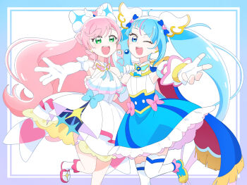 Rule 34 | 2girls, :d, ;d, ankle boots, ascot, blue boots, blue bow, blue cape, blue dress, blue eyes, blue hair, boots, bow, braid, brooch, cape, center frills, commentary, crown braid, cure prism, cure sky, cut bangs, detached sleeves, dress, dress bow, earclip, earrings, elbow gloves, fingerless gloves, frilled dress, frills, fringe trim, glove bow, gloves, gradient hair, green eyes, hair bow, hair ornament, hand on another's shoulder, highres, hirogaru sky! precure, jewelry, knee boots, layered dress, leg up, long hair, looking at viewer, magical girl, medium dress, mismatched earrings, multicolored hair, multiple girls, nijigaoka mashiro, one eye closed, open mouth, pink bow, pink hair, precure, puffy detached sleeves, puffy sleeves, reaching, reaching towards viewer, red cape, side-by-side, side braids, single earring, single sidelock, sleeveless, sleeveless dress, smile, sora harewataru, standing, standing on one leg, streaked hair, thighhighs, twintails, two-sided cape, two-sided fabric, two-tone dress, two-tone hair, user hsrp4237, very long hair, white ascot, white boots, white bow, white dress, white gloves, white thighhighs, wing brooch, wing hair ornament