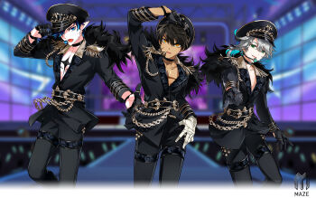 3boys ainchase_ishmael audience bandaged_hand bandages belt black_belt black_gloves black_hair black_hat black_jacket black_pants blue_hair blurry blurry_background chain_belt chest_tattoo ciel_(elsword) collarbone collared_jacket colored_inner_hair cowboy_shot dark-skinned_male dark_skin depth_of_field determined dress_pants elsword epaulettes facial_scar fur-trimmed_jacket fur_trim game_cg gloves glowstick green_eyes grey_hair hair_between_eyes half_gloves hand_on_headwear hand_on_own_hip hat highres hwansang idol jacket lapels logo long_sleeves low_ponytail male_focus multicolored_hair multiple_boys night official_alternate_costume official_art outdoors outstretched_hand pants peaked_cap peaked_lapels pectoral_cleavage pectorals penlight_(glowstick) pointing pointing_at_another pointy_ears ponytail raven_cronwell scar scar_on_cheek scar_on_face second-party_source short_hair single_glove stage standing swept_bangs tattoo thigh_strap