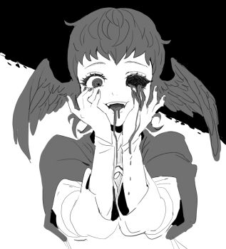 Rule 34 | 1girl, bad id, bad twitter id, bleeding, blood, blood drip, blood from mouth, blood on hands, bloody tears, commentary, dede (qwea 00000), eyelashes, feathered wings, final fantasy, final fantasy xiv, fingernails, greyscale, head wings, meteion, missing eye, monochrome, nail polish, short hair, solo, symbol-only commentary, two-tone background, wings