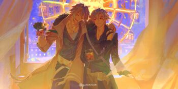 2boys absurdres alcohol arm_around_shoulder black_gloves bob_cut closed_eyes coat collarbone commentary_request crow_armbrust cup curtains double-parted_bangs earrings eiyuu_densetsu fingerless_gloves floating_clothes floating_curtains fur_trim gloves hair_between_eyes highres holding holding_cup indoors jewelry male_focus mullet multiple_boys necklace parted_lips pendant rean_schwarzer red_eyes sen_no_kiseki sen_no_kiseki_(series) sen_no_kiseki_iv short_hair upper_body white_hair window windowsill yusaazusa