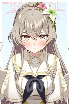 1girl angel_wings black_neckerchief blonde_hair blue_archive blush braid closed_mouth flower gesupi_(provlemsolver57) hair_between_eyes hair_flower hair_intakes hair_ornament halo highres long_hair nagisa_(blue_archive) neckerchief school_uniform serafuku sidelocks simple_background trinity_general_school_logo white_serafuku wings yellow_eyes