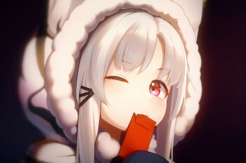 1girl ;) azur_lane breasts chang_chun_(azur_lane) commentary english_commentary fang hair_ornament hairclip highres hood hood_up looking_at_viewer mouth_hold one_eye_closed red_eyes smile solo starnight_stuka upper_body white_hair