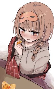 1girl blush braid brown_hair brown_hoodie commentary_request food fruit highres holding holding_food holding_fruit hood hoodie jacket kotatsu looking_at_viewer mandarin_orange mask mask_on_head off_shoulder open_clothes open_jacket orange_eyes sendo_yuuhi sendo_yuuhi_(loungewear) shin_murasame sleep_mask solo table virtual_youtuber vspo!