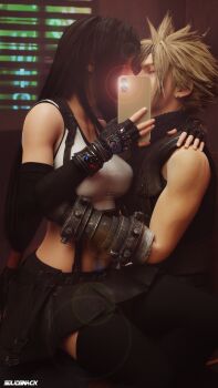 1boy 1girl 3d absurdres armor artist_name bare_shoulders black_hair black_skirt blonde_hair breasts closed_eyes cloud_strife couple crop_top detached_sleeves earrings final_fantasy final_fantasy_vii final_fantasy_vii_remake fingerless_gloves gloves highres holding holding_phone indoors jewelry large_breasts midriff phone shoulder_armor sitting sitting_on_lap sitting_on_person skirt sleeveless sleeveless_turtleneck solidsnack spiked_hair square_enix suspender_skirt suspenders tank_top thighhighs tifa_lockhart turtleneck white_tank_top