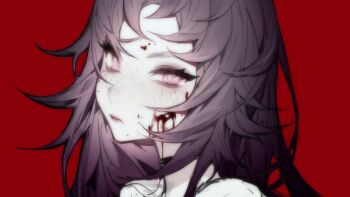 Rule 34 | 1girl, bags under eyes, bansheeiso, blood, blood on face, blood splatter, blush, brown hair, commentary, english commentary, heart, heart-shaped pupils, long hair, looking at viewer, messy hair, original, portrait, purple eyes, sidelocks, solo, symbol-shaped pupils