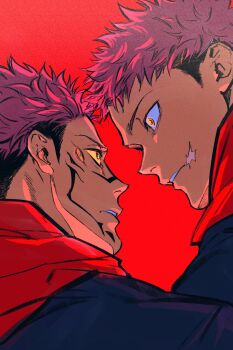 Rule 34 | 2boys, absurdres, black hair, colored sclera, extra eyes, eye contact, face-to-face, facial tattoo, highres, hood, hoodie, itadori yuuji, jozpic, jujutsu kaisen, jujutsu tech uniform, looking at another, male focus, multicolored hair, multiple boys, pink hair, red background, red hoodie, ryoumen sukuna (jujutsu kaisen), scar, scar on face, short hair, sideburns, simple background, tattoo, two-tone hair, undercut, yellow eyes, yellow sclera