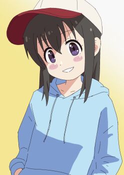 1girl atm_hnt black_hair collarbone dot_nose feet female_focus hat hood hoodie kuraue_hinata long_hair long_sleeves looking_at_viewer open_mouth purple_eyes simple_background solo standing yama_no_susume yellow_background