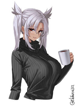 1girl artist_name blush breasts commentary_request cropped_torso cup curtained_hair dark-skinned_female dark_skin ebifurya glasses grey_hair hair_between_eyes hand_up highres holding holding_cup kantai_collection large_breasts long_hair long_sleeves looking_at_viewer musashi_(kancolle) one-hour_drawing_challenge parted_lips red_eyes sidelocks simple_background solo sweater turtleneck turtleneck_sweater twintails twitter_username white_background