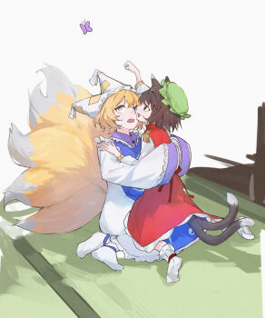 Rule 34 | 2girls, absurdres, animal ear piercing, animal ears, animal hat, blonde hair, blue tabard, brown eyes, brown hair, bug, butterfly, cat ears, cat tail, chen, commentary request, earrings, fox tail, green hat, hat, highres, hug, insect, jewelry, kitsune, long sleeves, mob cap, multiple girls, multiple tails, nekomata, open mouth, purple butterfly, red skirt, red vest, short hair, sitting, skirt, smile, socks, sweatdrop, tabard, tail, takoyaki5221, touhou, two tails, vest, white socks, yakumo ran