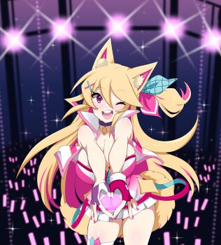 1girl ;d animal_ears asymmetrical_gloves blush borrowed_character breasts cleavage commission cowboy_shot cropped_jacket crowd double-parted_bangs fingerless_gloves four-finger_heart_hands gloves glowstick hair_between_eyes hair_ornament hanging_breasts heart heart_hands highres idol jacket large_breasts long_hair looking_at_viewer microskirt mismatched_gloves nail_polish nashirasauce one_eye_closed one_side_up open_clothes open_jacket open_mouth original outstretched_arms pendant_choker pink_gloves pink_hair pink_nails pink_trim pleated_skirt purple_eyes purple_gloves skirt sleeveless sleeveless_jacket smile sparkle stage_lights standing tail teeth upper_teeth_only white_jacket white_skirt x_hair_ornament yellow_tail