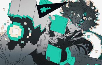 1boy aiming ajaw_(genshin_impact) commentary_request crossed_bangs facial_mark genshin_impact gloves headband highres holding kinich_(genshin_impact) male_focus multicolored_hair open_mouth outline parted_lips shirt short_sleeves simple_background suii_ii00