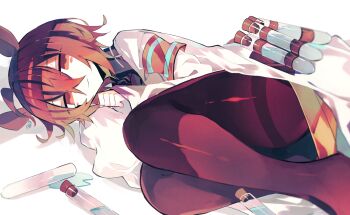 1girl agnes_tachyon_(tach-nology)_(umamusume) agnes_tachyon_(umamusume) animal_ears black_pantyhose black_shirt brown_hair chemical_structure coat collared_shirt commentary cork ear_ornament earrings hair_between_eyes highres horse_ears horse_girl jewelry lab_coat long_sleeves lying meto_(metrin) on_side open_clothes open_coat pantyhose red_eyes shirt single_earring solo spill sweater symbol-only_commentary test_tube thighband_pantyhose umamusume white_coat yellow_sweater