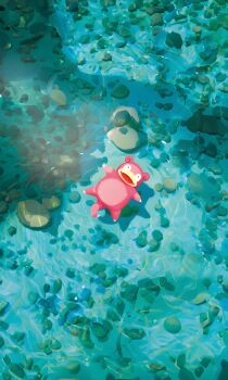 afloat from_above gen_1_pokemon highres nintendo no_humans okacheke outdoors pokemon pokemon_(creature) pokemon_tcg shadow shallow_water slowpoke solo sunlight third-party_source transparent water