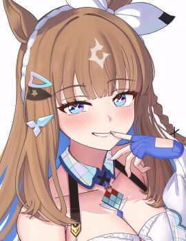 1girl almond_eye_(umamusume) animal_ears blue_eyes blue_gloves blue_hair blush bow_hairband breasts brown_hair cleavage colored_inner_hair commentary_request detached_collar detached_sleeves finger_to_mouth fingerless_gloves gloves grin hairband highres horse_ears horse_girl looking_at_viewer multicolored_hair shirt smile solo take978733141 two-tone_hair umamusume white_hairband white_shirt