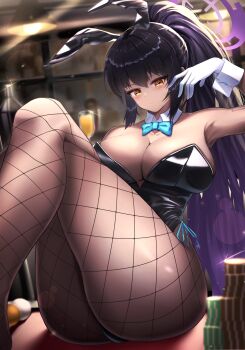 1girl absurdres animal_ears black_hair black_leotard blue_archive blue_bow blue_bowtie blurry bow bowtie breasts cleavage commentary_request dark-skinned_female dark_skin depth_of_field detached_collar eiryu33 fake_animal_ears feet_out_of_frame fishnet_pantyhose fishnets gloves hair_between_eyes halo highleg highleg_leotard highres huge_breasts indoors karin_(blue_archive) karin_(bunny)_(blue_archive) leotard looking_at_viewer number_tattoo official_alternate_costume pantyhose playboy_bunny poker_chip ponytail purple_halo rabbit_ears solo strapless strapless_leotard tattoo traditional_bowtie white_gloves white_wrist_cuffs wrist_cuffs yellow_eyes