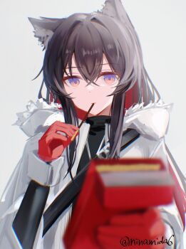 Rule 34 | 1girl, animal ears, arknights, black hair, black shirt, colored inner hair, commentary, eating, food, food in mouth, fur-trimmed hood, fur-trimmed jacket, fur trim, gloves, highres, holding, hood, incoming gift, jacket, long hair, looking at viewer, multicolored hair, nianamo61, official alternate costume, open clothes, open jacket, pocky, pocky in mouth, red eyes, red gloves, red hair, shirt, simple background, solo, texas (arknights), texas (winter messenger) (arknights), twitter username, two-tone hair, untranslatable commentary, white background, white jacket, wolf ears, wolf girl