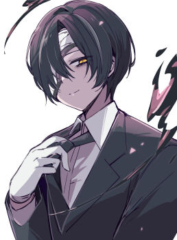 Rule 34 | 1boy, adjusting clothes, adjusting necktie, bags under eyes, black jacket, black necktie, closed mouth, collared shirt, cracked mask, curtained hair, dress shirt, gloves, hair between eyes, hand up, highres, index (identity) (project moon), ink, jacket, lapels, limbus company, long sleeves, looking at viewer, male focus, marbornath, mask over one eye, multicolored hair, necktie, notched lapels, one eye covered, parted bangs, project moon, shirt, simple background, smile, solo, streaked hair, suit jacket, upper body, white background, white gloves, white streaks, wing collar, yellow eyes, yi sang (project moon)