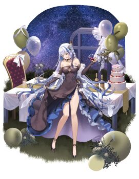 Rule 34 | 1girl, :d, absurdres, aile (crossroads), balloon, bare legs, bare shoulders, black choker, black dress, black panties, blue hair, breasts, butterfly hair ornament, cake, choker, covered navel, cup, dress, drinking glass, elbow gloves, facing down, fingerless gloves, food, full body, girls' frontline, girls' frontline neural cloud, gloves, gradient hair, hair ornament, hand up, high heels, highres, holding, holding cup, hubble (neural cloud), knees together feet apart, large breasts, layered dress, legs, long hair, looking at viewer, medium breasts, multicolored hair, night, night sky, off-shoulder dress, off shoulder, open mouth, panties, purple eyes, skin tight, skirt hold, sky, smile, solo, star (sky), starry sky, starry sky print, strapless, strapless dress, streaked hair, thighs, two-tone hair, underwear, very long hair, white hair, wine glass