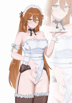 1girl absurdres akkuon alternate_costume bare_shoulders black_choker black_thighhighs blush breasts brown_hair cameltoe choker cleavage commentary cowboy_shot english_commentary enmaided frilled_armlet frilled_thighhighs frills garter_straps girls&#039;_frontline green_eyes hair_between_eyes hair_ribbon hair_rings highleg highleg_leotard highres holding holding_tray large_breasts leotard leotard_pull long_hair looking_at_viewer maid maid_headdress ponytail pulling_own_clothes ribbon ribbon_choker sidelocks_tied_back simple_background smile solo springfield_(girls&#039;_frontline) thighhighs tray unconventional_maid white_background white_leotard wrist_cuffs