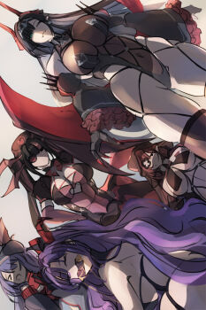 >_< 5girls azur_lane beret black_thighhighs bow bowtie breast_curtains breasts cleavage commentary_request covered_navel elbow_gloves eyepatch frilled_sleeves frills gag gloves goetz_von_berlichingen_(azur_lane) green_eyes hat heart heart_eyepatch highres horns large_breasts looking_at_viewer multiple_girls nurse_cap one_eye_closed open_mouth pink_bow pink_bowtie pink_gloves pointy_ears prinz_moritz_(azur_lane) purple_eyes purple_hair red_hair red_horns shika_(shika0) simple_background thighhighs twintails u-2501_(azur_lane) z14_(azur_lane) z15_(azur_lane)