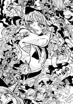 6+girls :d absurdres arm_up blush bow bowtie chest_sarashi clenched_hand closed_eyes commentary cuffs dancing falling floating floating_hair fog greyscale grin hair_bow hand_up highres horn_ornament horns ibuki_suika inuyama_konan long_hair looking_at_viewer looking_up monochrome multiple_girls oni open_mouth outstretched_arms pointy_ears raised_eyebrows sarashi shackles shirt shoes sidelocks sideways_glance skirt slit_pupils smile spread_arms standing_on_another&#039;s_hand thick_eyebrows touhou v-shaped_eyebrows waving