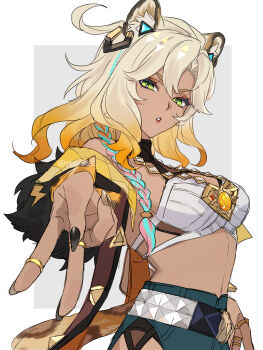 1girl animal_ear_fluff animal_ears aqua_pants black_nails blonde_hair braid breasts dark-skinned_female dark_skin detached_sleeves genshin_impact gradient_hair green_eyes hair_ornament highres jewelry leopard_ears leopard_girl leopard_tail medium_breasts multicolored_hair nail_polish navel pants parted_lips ring sketch slit_pupils solo standing tail tofu_(bean359) triangle_hair_ornament upper_body w white_hair xilonen_(genshin_impact) yellow_sleeves