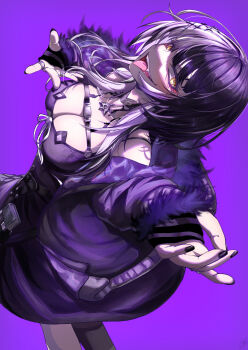 1girl absurdres arms_up black_choker black_dress black_hair black_nails breasts choker cleavage crazy_smile dress eyelashes fangs fingernails fur-trimmed_sleeves fur_trim grey_hair hair_ornament highres hololive hololive_english hood hood_down hooded_jacket jacket lace lace-trimmed_choker lace_choker lace_trim large_breasts leaning_back long_hair long_sleeves looking_at_viewer multicolored_hair open_mouth purple_background sharp_tongue shiori_novella simple_background sleeves_past_wrists smile solo split-color_hair standing striped_arm_warmers tongue tongue_out twisted_torso two-tone_hair virtual_youtuber yellow_eyes zolomon_(jarvis_lin)