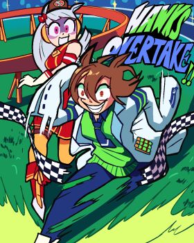 2girls agnes_tachyon_(tach-nology)_(umamusume) agnes_tachyon_(umamusume) animal_ears armband bow commentary dress ear_bow ear_covers ear_ribbon earrings english_commentary gloves gold_ship_(red_strife)_(umamusume) gold_ship_(umamusume) highres horse_ears horse_girl jewelry lab_coat multiple_girls necktie pantyhose pillbox_hat racing red_dress running san_francisco_49ers seattle_seahawks second-party_source shenanigansen short_necktie single_earring sleeveless sleeveless_dress sleeves_past_fingers sleeves_past_wrists striped_armband striped_clothes sweater sweater_vest test_tube umamusume white_gloves wolf_cut yellow_sweater yellow_sweater_vest