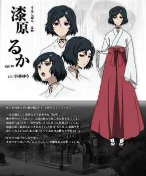 1boy :o anime_coloring black_hair full_body hair_ornament hairpin hakama hakama_skirt japanese_clothes long_skirt long_sleeves looking_at_viewer medium_hair miko multiple_expressions multiple_views official_art open_mouth purple_eyes red_hakama reference_sheet sandals science_adventure skirt skull_hair_ornament smile socks solo standing steins;gate tongue trap urushibara_luka white_socks worried