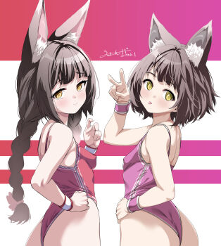 2girls :p absurdres animal_ear_fluff animal_ears arm_up ass azur_lane braid breasts brown_eyes brown_hair fox_ears fox_girl from_behind hand_on_own_hip highleg highleg_leotard highres leotard long_hair looking_at_viewer looking_back multiple_girls mutsu_(azur_lane) nagato_(azur_lane) pink_leotard red_leotard short_hair small_breasts smile thighs tongue tongue_out twin_braids umyonge_(lkakeu) upper_body v wristband yellow_eyes